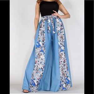 Floral blue denim color wide leg pants
